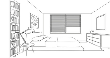 Urban Apartment Bedroom Outline with Modern Bed Frame.