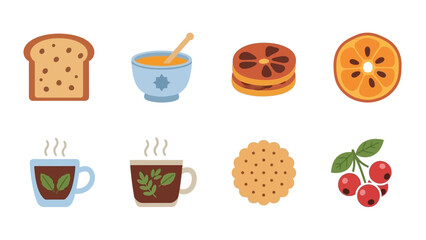 A collection of breakfast and snack items including bread, tea, fruit, and cookies.