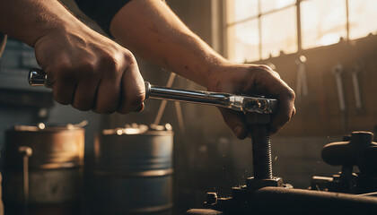 Expert mechanic tightening bolt with wrench for industrial precision project
