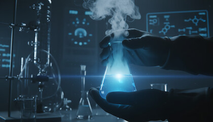 Scientist analyzing vibrant liquid in lab beaker for groundbreaking research work