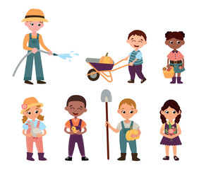 Cartoon Children Dressed as Farmers with Animals