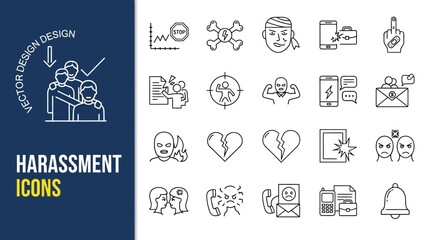 Fototapeta premium Comprehensive vector line icon set depicting various forms of harassment, social conflict, abuse, and cyberbullying concepts for modern design projects and public awareness campaigns