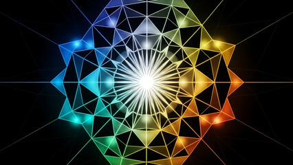 Abstract geometric kaleidoscope with rainbow colors and a central light burst