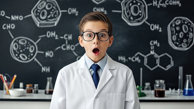 Young boy in a white lab coat, with glasses, expressing surprise in a chemistry classroom, surrounded by scientific equipment and a chalkboard filled with molecular structures