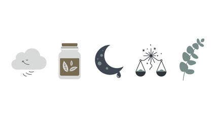 A collection of illustrated icons featuring a cloud, a jar, a crescent moon, scales, and a sprig.