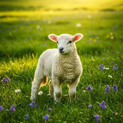 Fototapeta premium Adorable White Lamb in a Spring Meadow