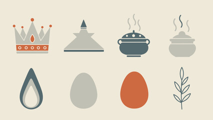 A collection of various flat design icons including a crown, a stupa, steaming pots, a flame, eggs, and a leafy branch.