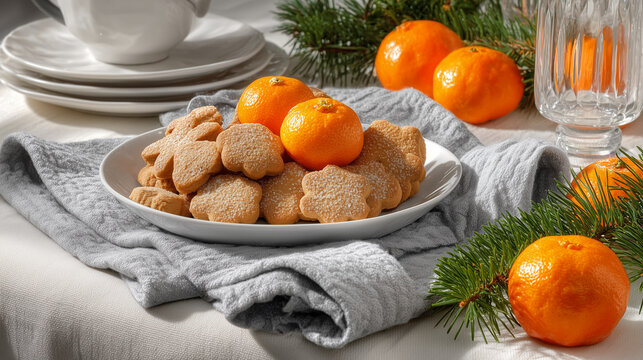 Delicious cookies and fresh tangerines on a cozy table setting, perfect for winter festivities and healthy snacking. - Powered by Adobe