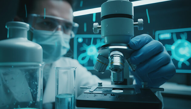 Scientist analyzing sample with microscope in modern lab for medical research