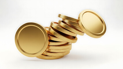 Stack of golden coins leaning precariously against white background