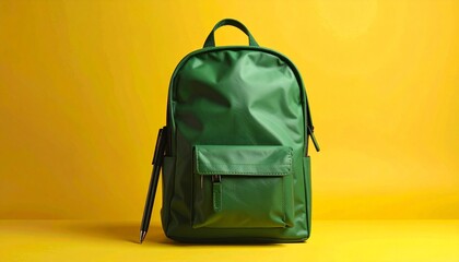 “Green backpack with front pocket on yellow background”