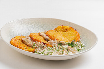 Slices of golden plantain served with a flavorful creamy sauce and garnished with herbs