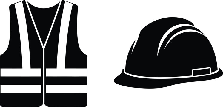 Construction safety vest and hard hat silhouette isolated on white background