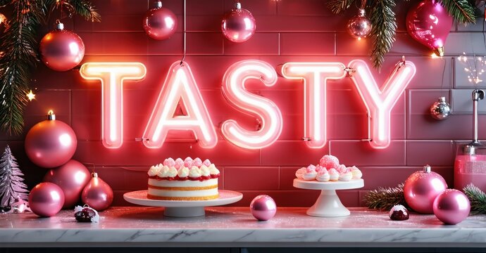 Festive scene. Neon sign spells TASTY. Cakes, ornaments decorate surface. Pink tones dominate composition. Holiday spirit evident. - Powered by Adobe