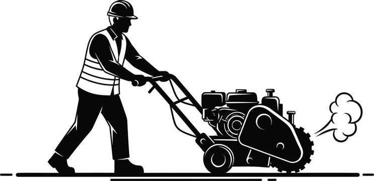 Worker with tiller machine silhouette isolated on white background