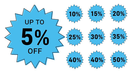 A versatile set of blue starburst sale stickers and discount price tag icons for retail promotion. This vector icon sheet offers various percentage-off labels for marketing campaigns