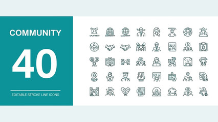 Dynamic set of 40 editable line stroke icons encompassing community, social connections, teamwork, and diverse human interactions, perfect for modern digital design projects