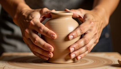 Pottery artist shaping clay vase on wheel with focused hands  