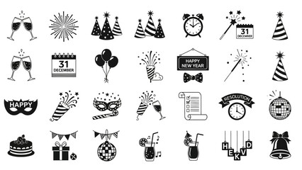 New Year's Eve Celebration Collection of Icons for Festive Designs and Decorations