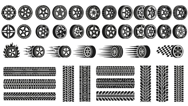 Comprehensive vector collection of automotive wheels, rims, and tire track patterns, perfect for racing, vehicle, and transportation design projects