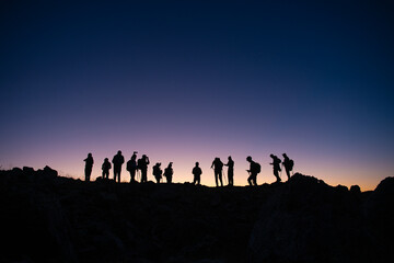 Mountaineers climbing at night. Mountaineers setting out from the Dilberd&uuml;z&uuml; plateau at dawn to climb the summit. Mountaineers climbing the Ka&ccedil;kar Mountains at dusk. Artvin, T&uuml;rkiye.