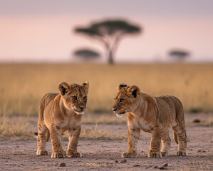 Two lion cubs walking together