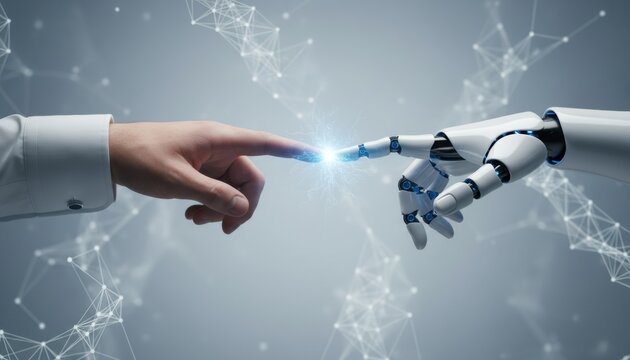Human hand of a businessman touching a white robotic cyborg hand with a glowing blue spark, symbolizing creation and connection on a futuristic digital network background
