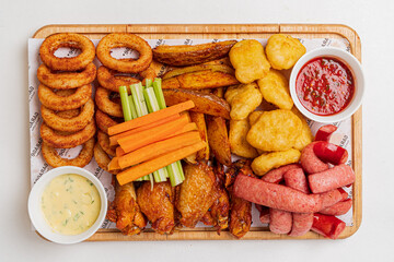 Enjoy tasty snacks with crispy chicken wings, sausages, and fresh veggies