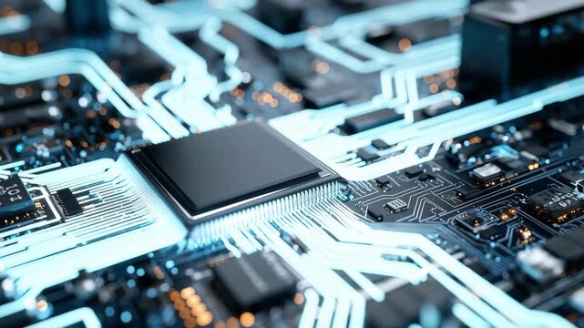 Close-up of a modern computer circuit board showcasing intricate details of microchip and electrical pathways during a high-tech assembly process