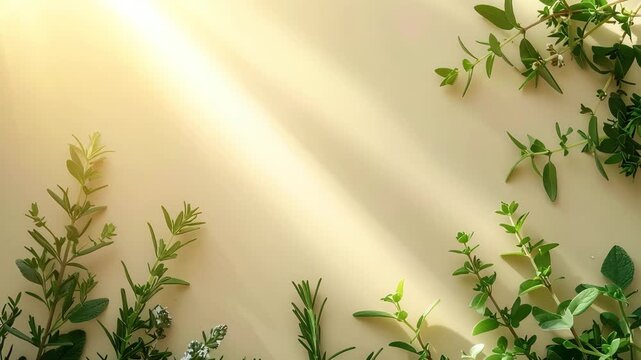 Lush green leaves arrangement on beige background fresh vibrant green leaves neatly arranged standing out against simple beige background