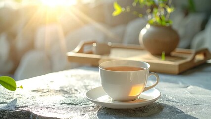 Cup of tea on table ready to be enjoyed warm fragrant tea in a cup placed on table creating calm inviting atmosphere - Powered by Adobe