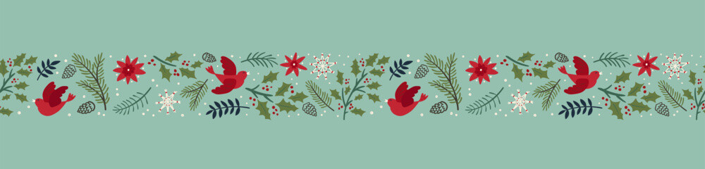 Naklejka premium Cute hand drawn Christmas greenery and birds, seamless pattern, great for prints, textiles, banners, wallpapers - vector