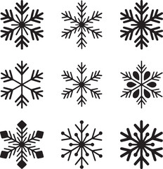 Set of Nine Black and White Snowflake Icons for Winter Themes