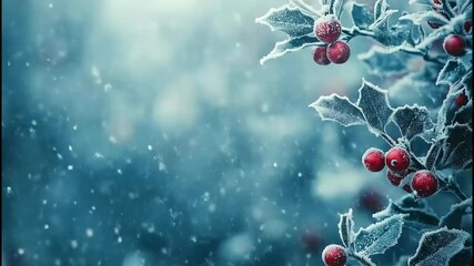 Close-up of frosty holly leaves and red berries in a snowy winter background with bokeh. Use for Christmas, holiday, nature, winter, or seasonal sites/blogs. - Powered by Adobe