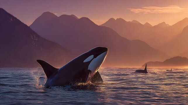 Orca Whale Breaching Ocean Surface at Sunset with Mountain Backdrop and Pod