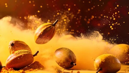 Pile of apples with powder on red background close up of apples arranged in pile dusted with fine powder against vibrant red backdrop - Powered by Adobe