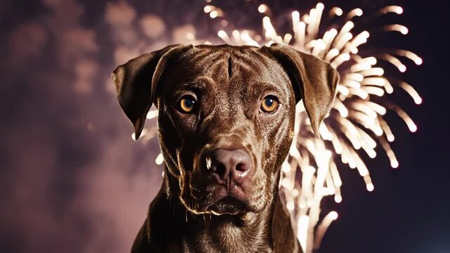 Closeup portrait of a serious brown dog looking directly at the camera with bright fireworks exploding in the dark night sky behind it