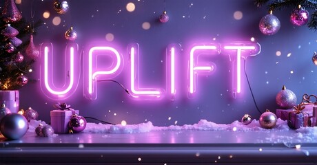 Obraz premium Bright neon sign spells UPLIFT. Festive scene includes gifts, snow, ornaments, blurred lights. Winter holiday vibes present.