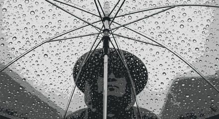 Person under clear umbrella in rain looking up at the rainy weather outside