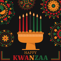 Obraz premium A kinara holds seven candles, colored red, black, and green, surrounded by festive patterns. The design celebrates Kwanzaa, highlighting cultural symbols and unity in a joyful atmosphere.