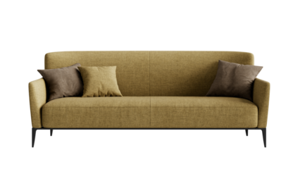 Front view of an orange textile couch with pillows on a transparent background.

