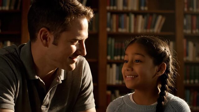 Adult helps young girl with studies in front of bookshelf.