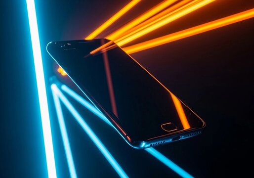 Latest generation transparent smartphone with luminous edges, dark green background with a soft neon effect.