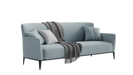 Blue sofa with pillows on a transparent background. Furniture for the modern interior, web design, and presentation.
