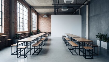 Spacious modern industrial interior features long wooden tables and benches with black metal frames, arranged in rows on a concrete floor, with exposed brick walls and large windows