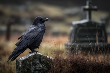Obraz premium Raven on Gravestone in Misty Cemetery
