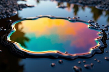 Naklejka premium Macro Shot of Rainbow-Colored Oil Spill on Glossy Black Surface