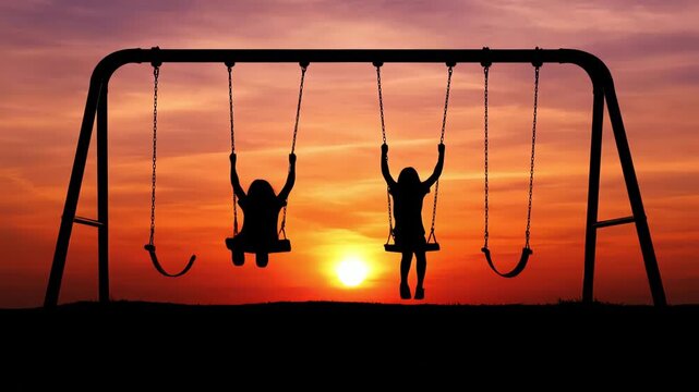 Children swinging on a playground at sunset.