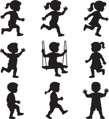 Silhouettes of children playing different games running jumping swinging illustration