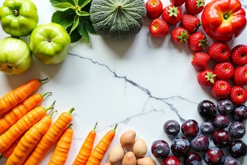 Rainbow of Fresh Fruits and Vegetables in Aerial Shot on White Marble Countertop